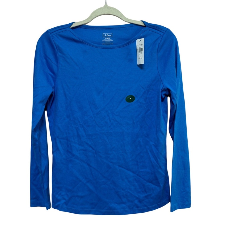 LL Bean Pima Shaped Boatneck Tee LS Light Ocean Blue Supima Cotton Small 507477